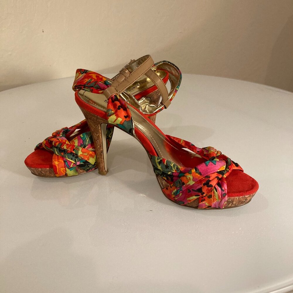 Style & Co. Vibrant Floral Print Knot Open Toe Heels - Size 5.5